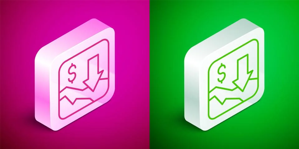 Isometric line Financial growth decrease icon isolated on pink and green ba.. Stock Illustration