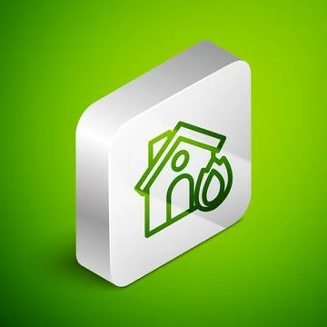 Isometric line Fire in burning house icon isolated on green background. Ins.. Stock Illustration