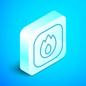 Isometric line Fire flame icon isolated on blue background. Silver square button 스톡 일러스트