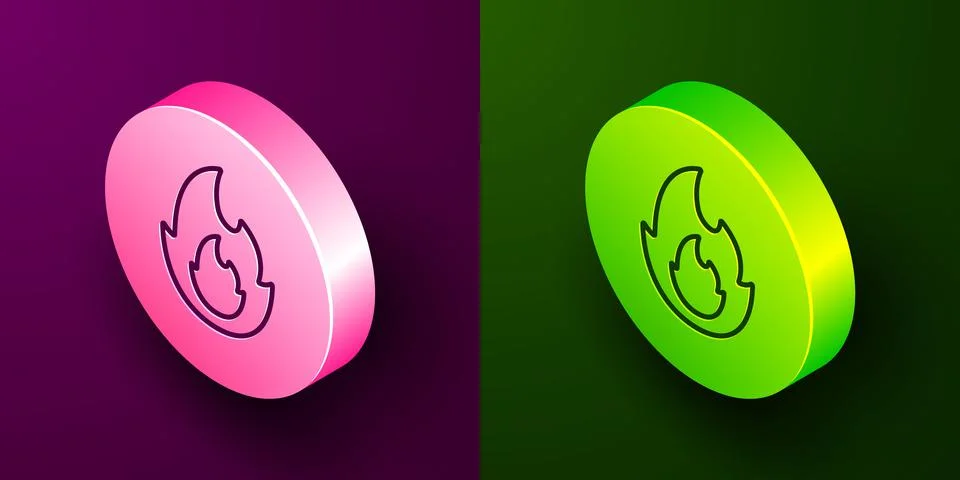 Isometric line Fire flame icon isolated on purple and green background. Circle Stock Illustration
