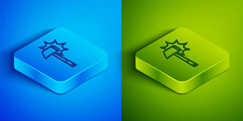 Isometric line Firefighter axe icon isolated on blue and green background. .. Stock Illustration