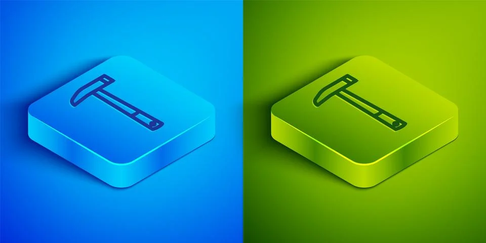 Isometric line Firefighter axe icon isolated on blue and green background. .. Stock Illustration