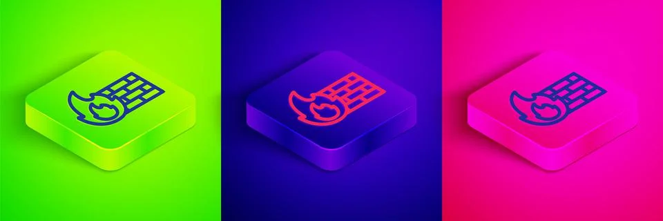 Isometric line Firewall, security wall icon isolated on green, blue and pink Illustrazione stock