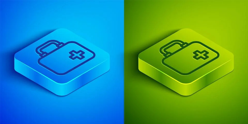 Isometric line First aid kit icon isolated on blue and green background. Me.. Stock Illustration