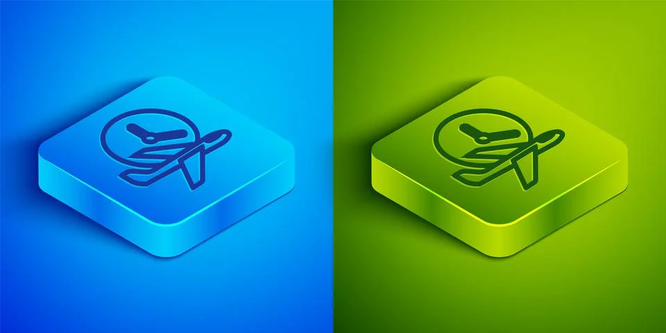 Isometric line Flight time icon isolated on blue and green background. Square Stock Illustration