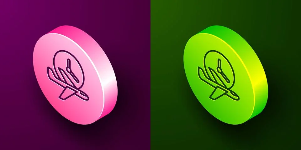 Isometric line Flight time icon isolated on purple and green background. Circle Illustrazione stock