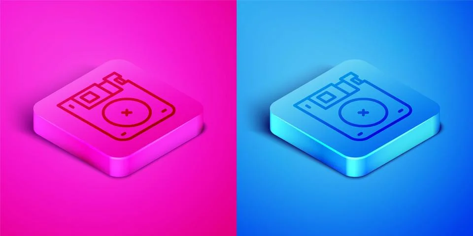 Isometric line Floppy disk for computer data storage icon isolated on pink and Stock Illustration