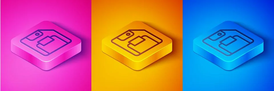 Isometric line Floppy disk for computer data storage icon isolated on pink and Illustrazione stock