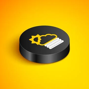Isometric line Fog and cloud with sun icon isolated on yellow background. B.. Stock Illustration