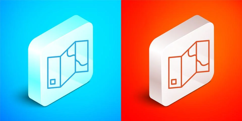 Isometric line Folded map icon isolated on blue and red background. Silver 스톡 일러스트