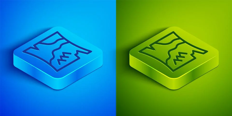 Isometric line Folded map icon isolated on blue and green background. Squar.. 스톡 일러스트