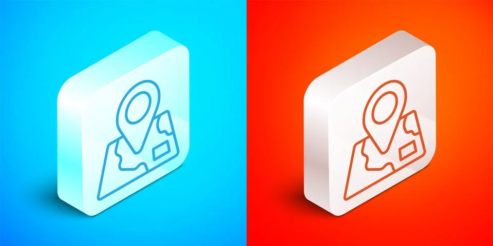 Isometric line Folded map with location marker icon isolated on blue and red Stock Illustration
