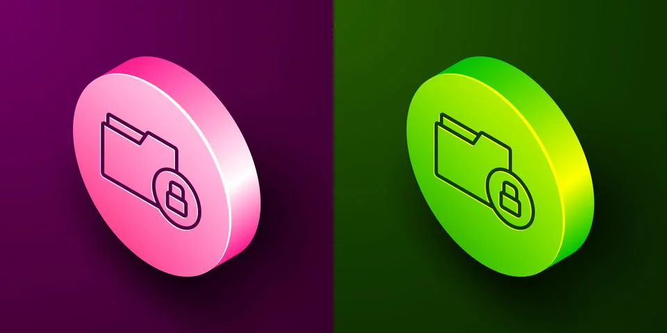 Isometric line Folder and lock icon isolated on purple and green background Stock Illustration