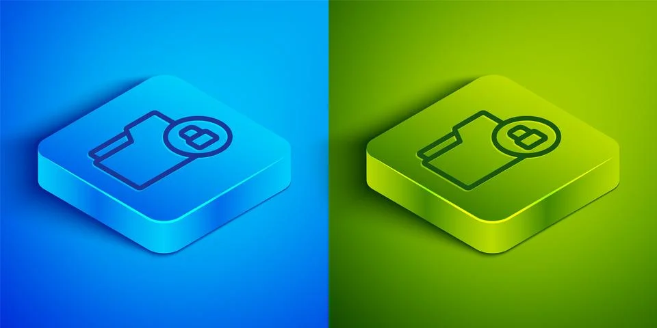 Isometric line Folder and lock icon isolated on blue and green background Stock Illustration