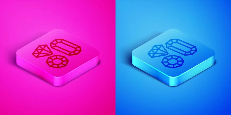 Isometric line Gem stone icon isolated on pink and blue background. Jewelry.. Stock Illustration