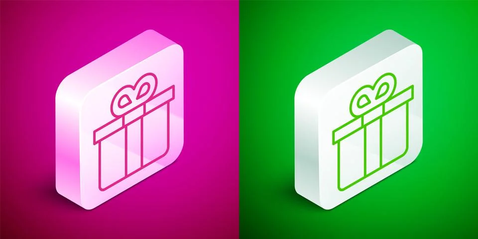 Isometric line Gift box icon isolated on pink and green background. Silver Illustration