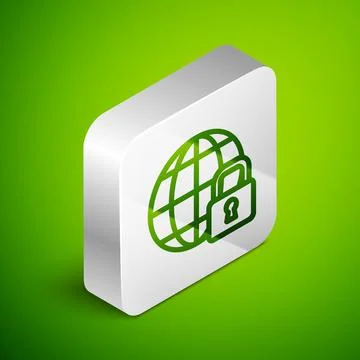 Isometric line Global lockdown - locked globe icon isolated on green background Stock Illustration