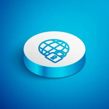 Isometric line Global lockdown - locked globe icon isolated on blue backgroun Stock Illustration