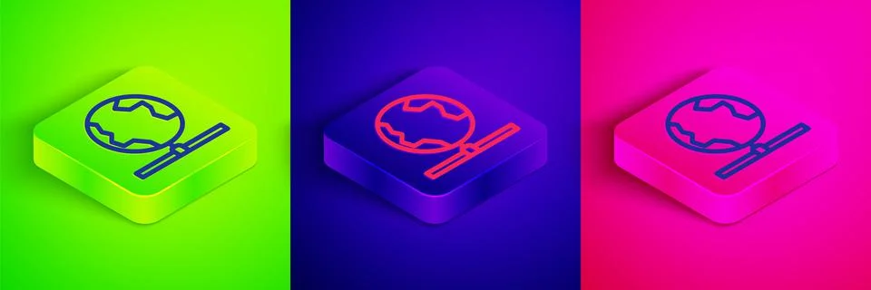 Isometric line Global technology or social network icon isolated on green, blue Stock Illustration