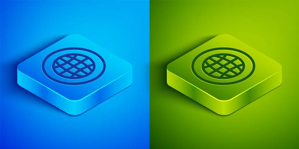 Isometric line Global technology or social network icon isolated on blue and Stock Illustration