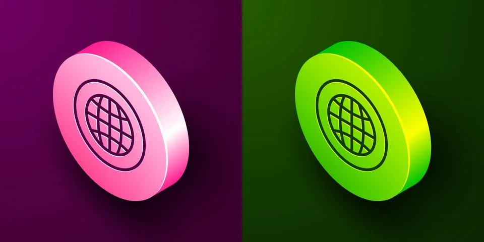 Isometric line Global technology or social network icon isolated on purple and Stock Illustration