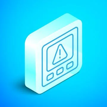 Isometric line Gps device error icon isolated on blue background. Silver square Stock Illustration