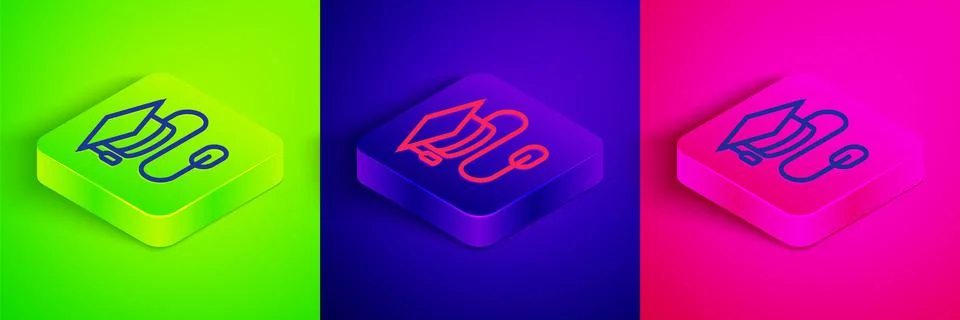Isometric line Graduation cap with mouse icon isolated on green, blue and pink Stock Illustration