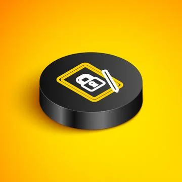 Isometric line Graphic tablet with closed padlock icon isolated on yellow Stock Illustration