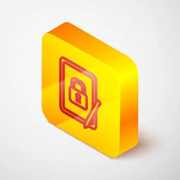 Isometric line Graphic tablet with closed padlock icon isolated on grey backg Stock Illustration