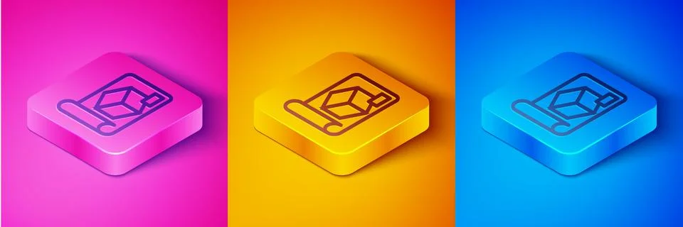 Isometric line Graphing paper for engineering icon isolated on pink and orange Stock Illustration