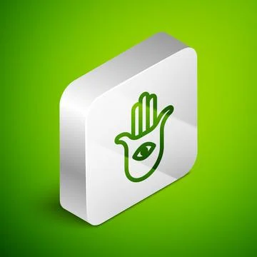 Isometric line Hamsa hand icon isolated on green background. Hand of Fatima - Illustrazione stock