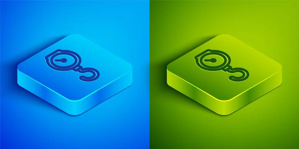 Isometric line Hand scale spring mechanical icon isolated on blue and green Stock Illustration