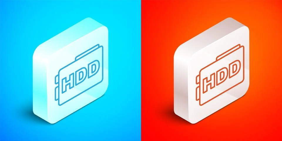 Isometric line Hard disk drive HDD icon isolated on blue and red background.. Stock Illustration