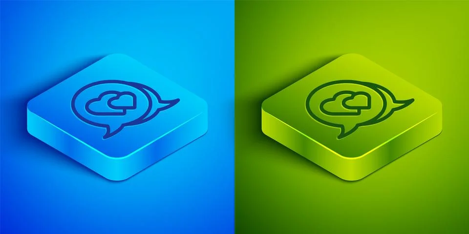 Isometric line Heart in speech bubble icon isolated on blue and green backg.. Stock Illustration