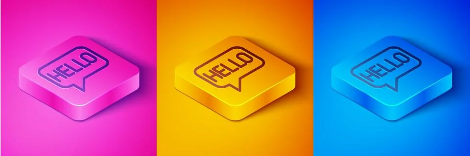 Isometric line Hello in different languages icon isolated on pink and orang.. Stock Illustration