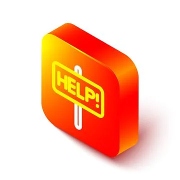 Isometric line Help icon isolated on white background. Orange square button.  Stock Illustration