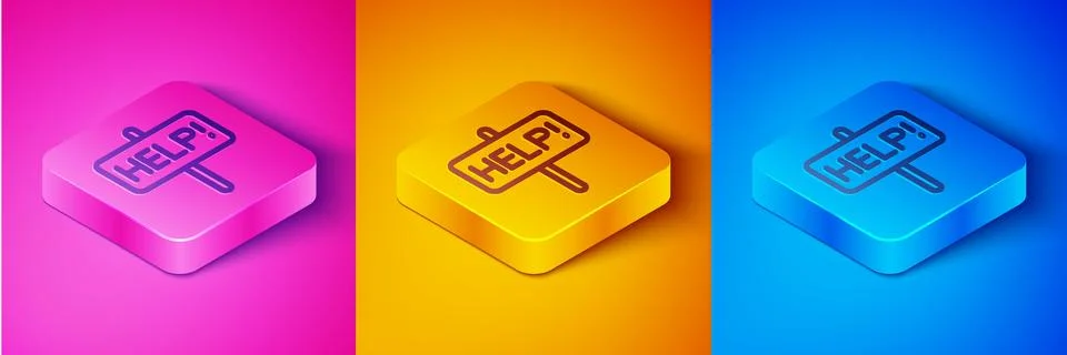 Isometric line Help icon isolated on pink and orange, blue background. Square Stock Illustration