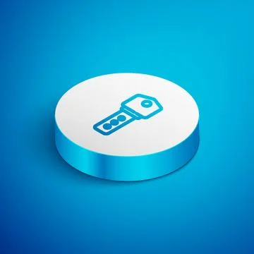 Isometric line House key icon isolated on blue background. White circle but.. Stock Illustration