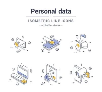 Isometric line icon set for personal data representation and management Illustrazione stock