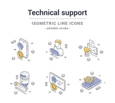 Isometric line icon set representing technical support services through vario 스톡 일러스트