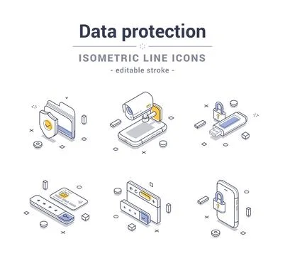 Isometric line icons set showcasing data protection concepts in a modern di.. Stock Illustration