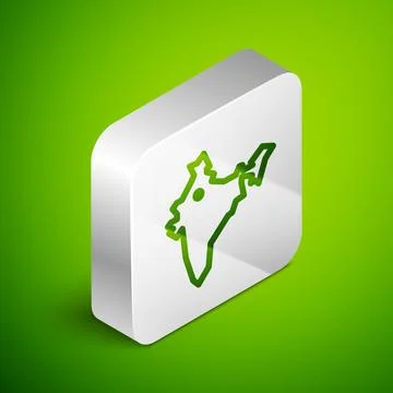 Isometric line India map icon isolated on green background. Silver square button 스톡 일러스트