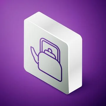 Isometric line Kettle with handle icon isolated on purple background. Teapot Illustration