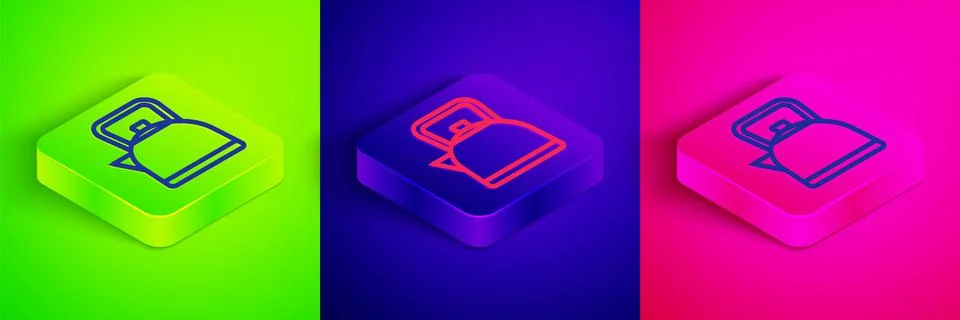 Isometric line Kettle with handle icon isolated on green, blue and pink backg Illustration