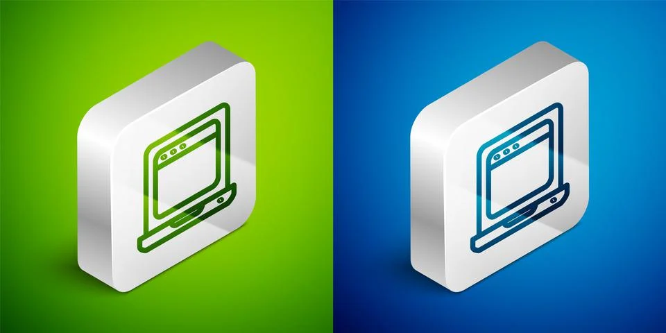 Isometric line Laptop with browser window icon isolated on green and blue Stock Illustration