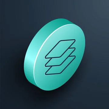 Isometric line Layers icon isolated on black background. Turquoise circle but Stock Illustration