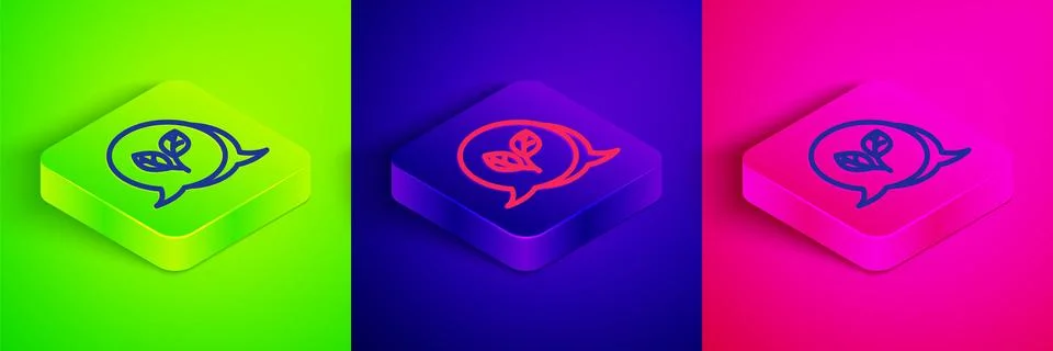 Isometric line Leaf icon isolated on green, blue and pink background. Leave.. Stock Illustration