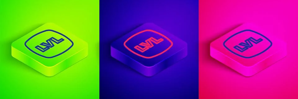 Isometric line Level game icon isolated on green, blue and pink background Stock Illustration