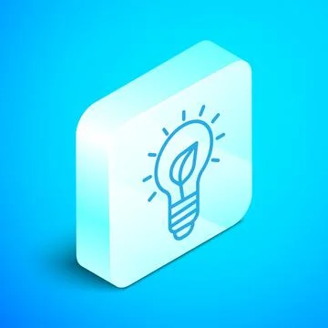 Isometric line Light bulb with leaf icon isolated on blue background. Eco ene Illustrazione stock