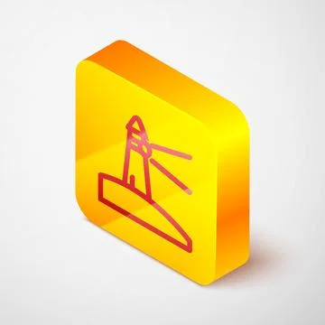 Isometric line Lighthouse icon isolated on grey background. Yellow square button Stock Illustration